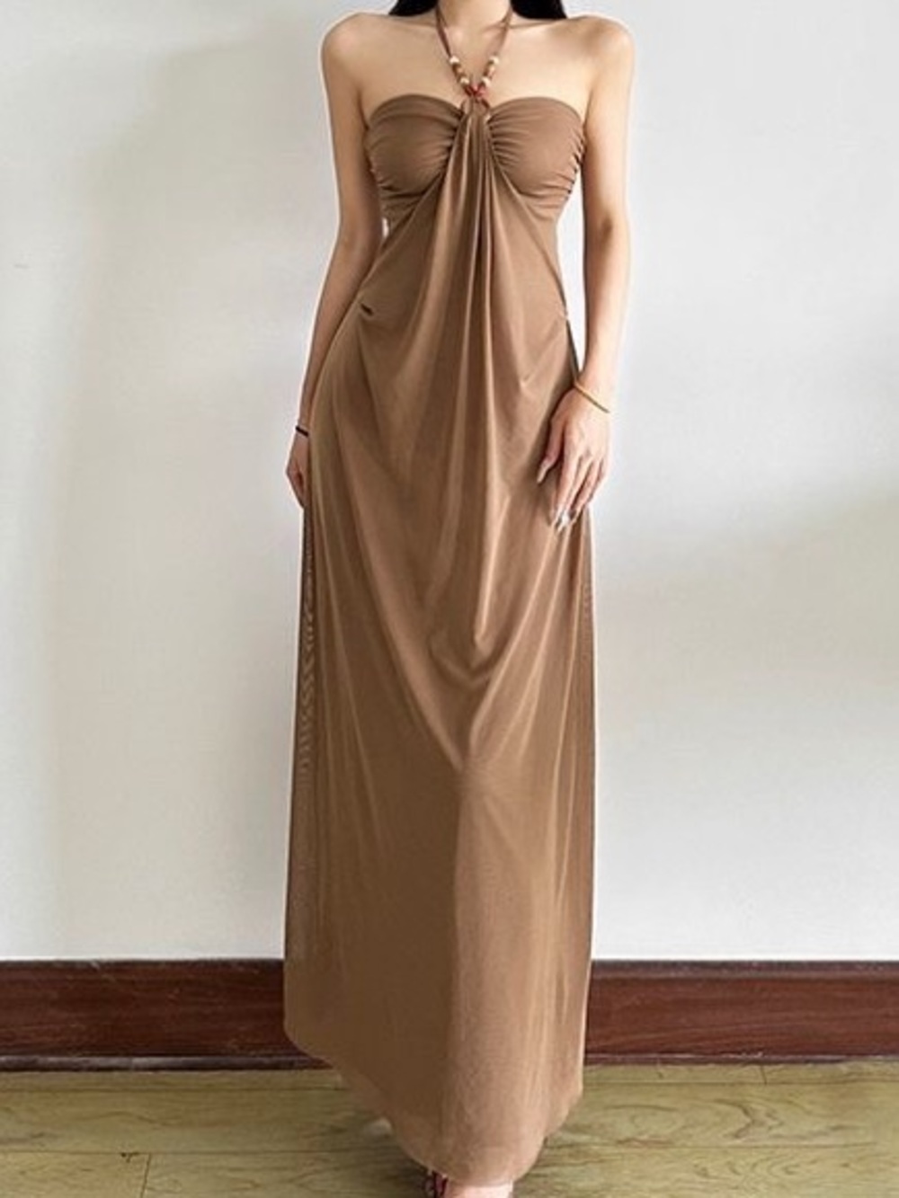Strapless Brown Maxi Dress with Knotted Front